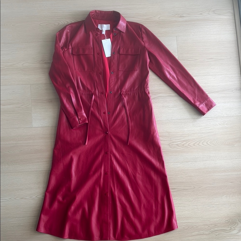 Classic shirt dress with a drawstring waist by BOSS. Red faux leather.